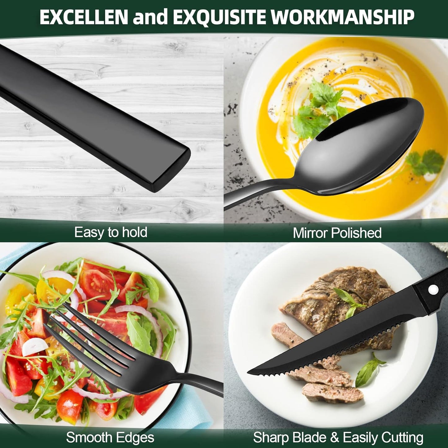 48 Pieces Black Silverware Set with Steak Knives, CEKEE Stainless Steel silverware set for 8, Black Flatware Cutlery Kitchen Utensils Set, Spoons and Forks Set, Mirror Polished & Heavy Duty