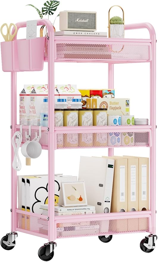 YASONIC 3 Tier Rolling Cart – Metal Utility Storage Cart with Wheels, Craft Cart Organizer with Hanging Cups, Hooks, Mesh Basket for Bedside Kitchen Office Art, Pink