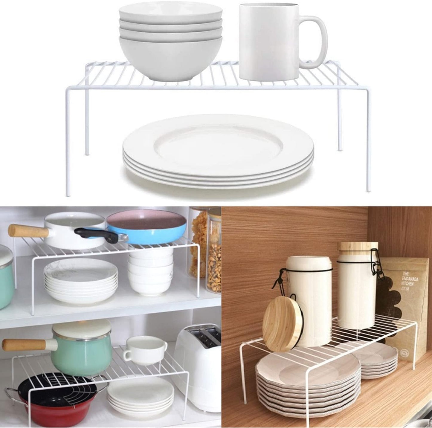 Kitchen Cabinet Shelf Organizer Set of 2, Large (15.7 x 9.4 inch) Metal Wire Pantry Storage Shelves, Dish Plate Racks for Cabinets, Freezer, Counter, Cupboard Organizers and Storage, White