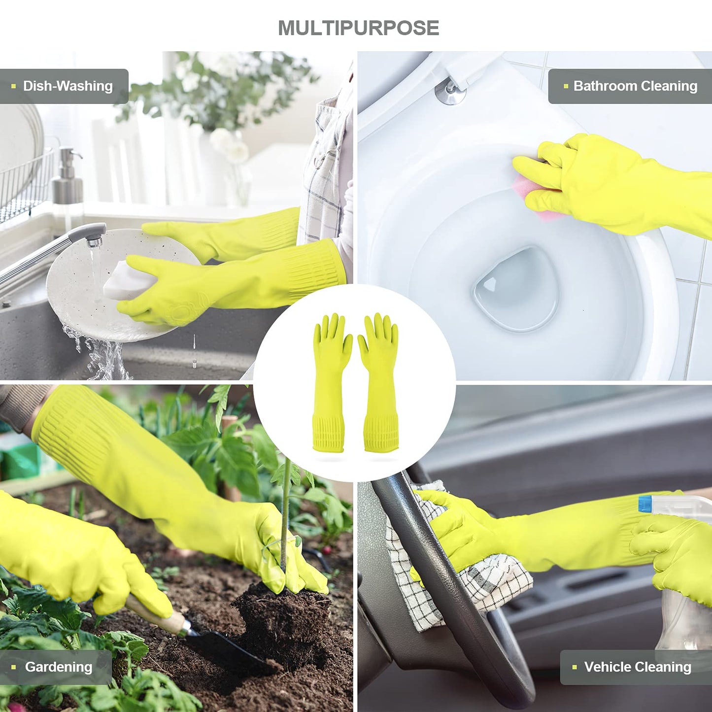 Mamison 2 Pairs Reusable Waterproof Household Dishwashing Cleaning Rubber Gloves, Non-Slip Kitchen Glove (Green, Medium (Pack of 2))