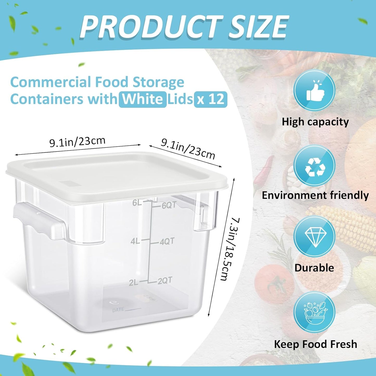 Yungyan 12 Pcs 6 Qt Commercial Food Storage Containers with white Lids Restaurant Square Airtight Food Storage Containers Clear Cereal Container for Kitchen Freezer Dishwasher Pantry