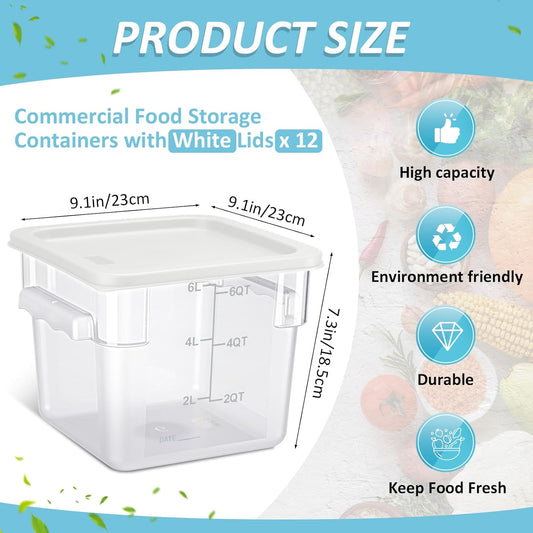 Yungyan 12 Pcs 4 Qt Commercial Food Storage Containers with Lids Restaurant Square Airtight Food Storage Containers Clear Cereal Container for Kitchen Freezer Dishwasher Pantry (White Lid)
