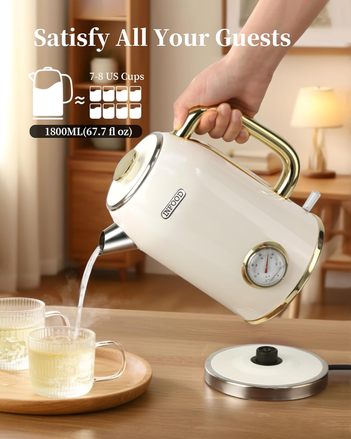 Retro Electric Kettle 1.8L/60.8oz with Thermometer - 1200W Fast Boiling Stainless Steel Tea Kettle with Water Level, BPA-Free, Auto Shut-Off, Boil-Dry Protection, Pearl White