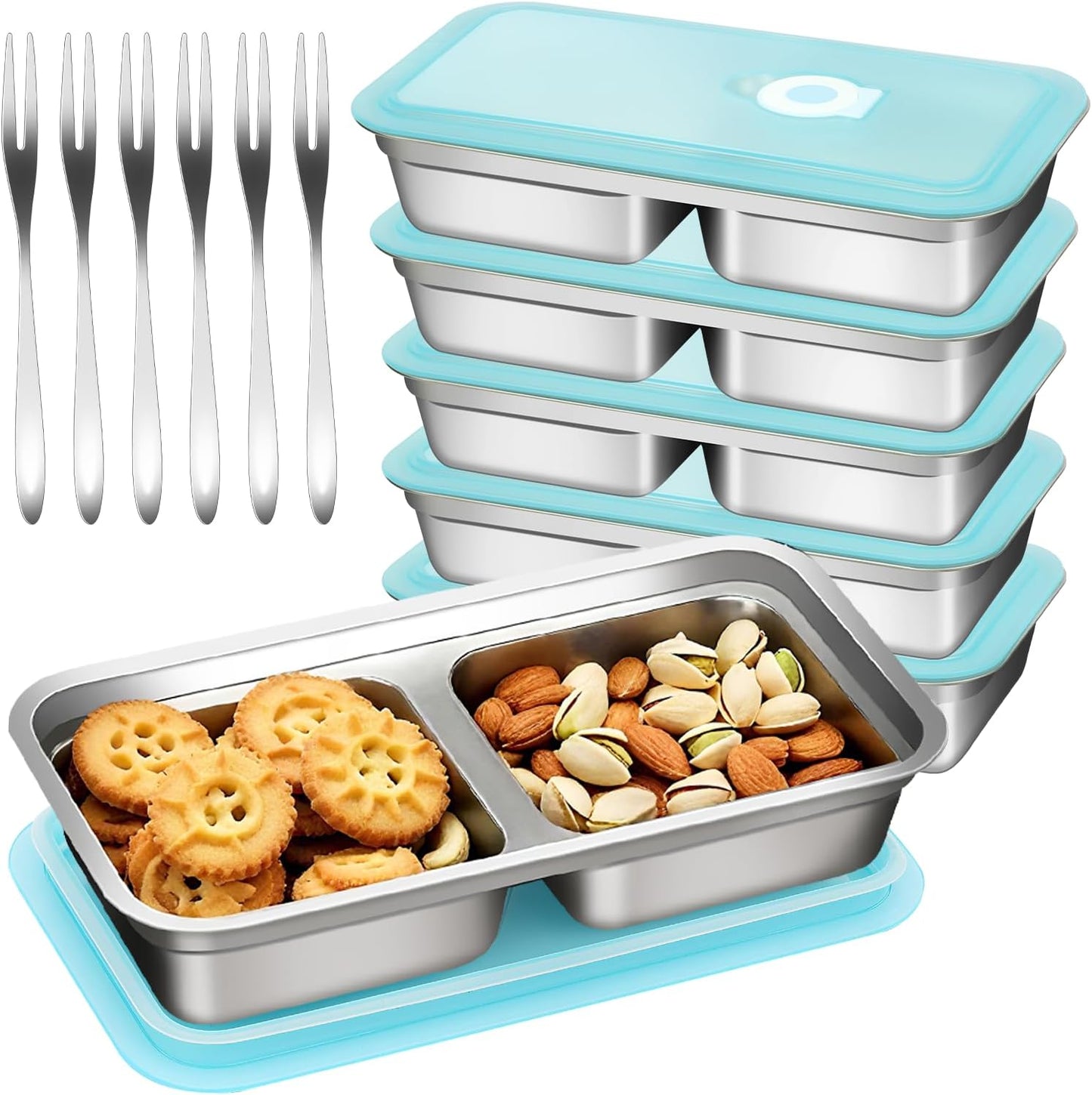 Stainless Steel Snack Containers with Lids, Reusable 2 Compartment Stainless Steel Bento Lunch Box, Food Storage, 6 Pack with Forks, Leak Proof, Dishwasher-Safe, Grab and Go for Work, Travel