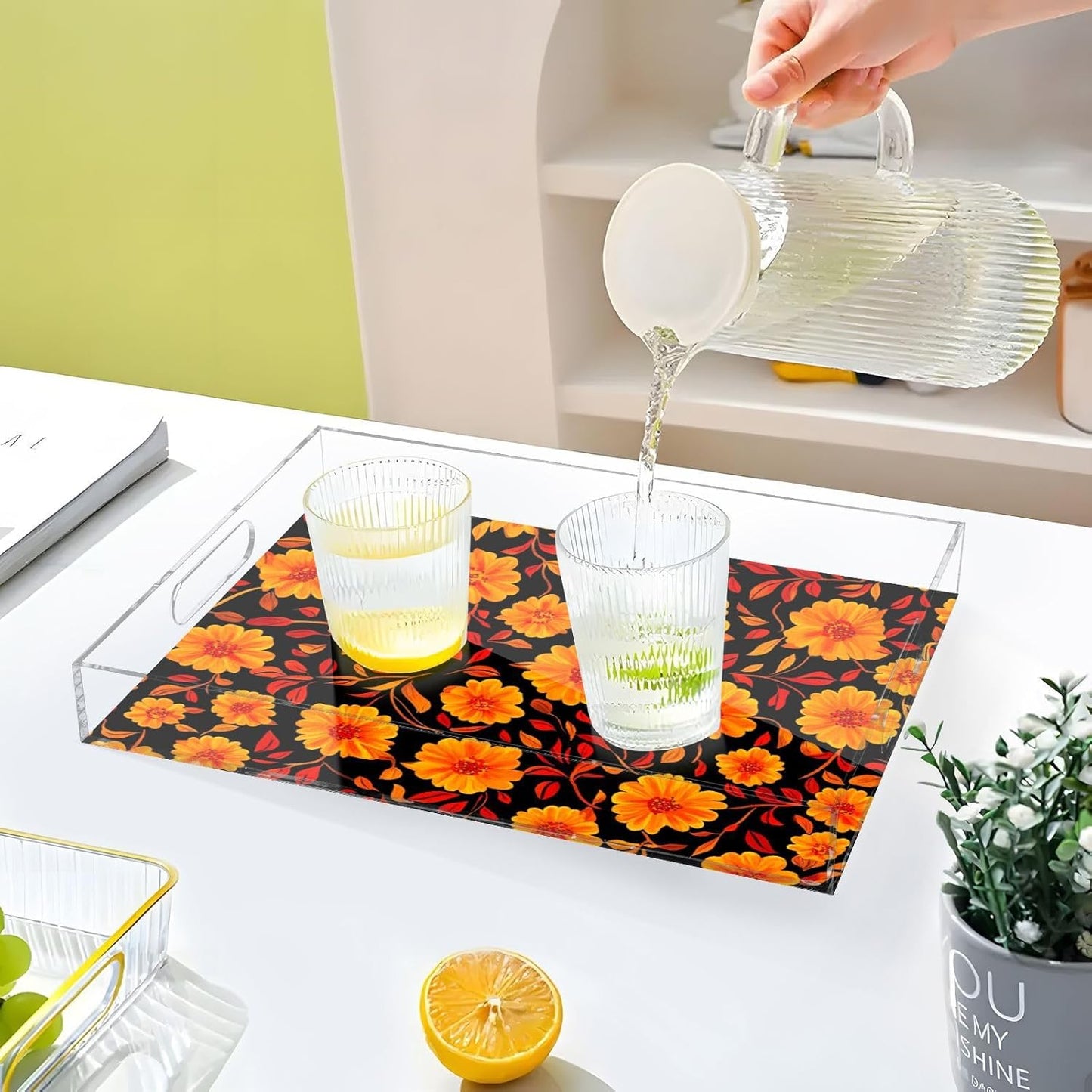 Acrylic Serving Tray with Handles Spill Proof Kitchen Storage Tray Clear Decorative Tray Makeup Drawer Organizer Storage Tray for Bathroom Living Room Ottoman 15.7x11.8Inches
