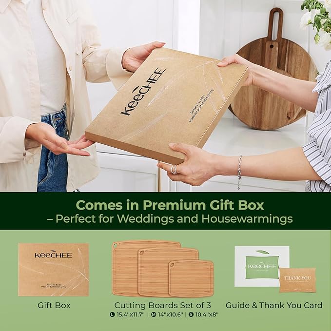 Dishwasher Safe Bamboo Cutting Boards Durable Lightweight Wood Cutting Board for Busy Kitchen, Easy Clean Wooden Chopping Boards with Juice Groove Set of 3 (L+M+S)