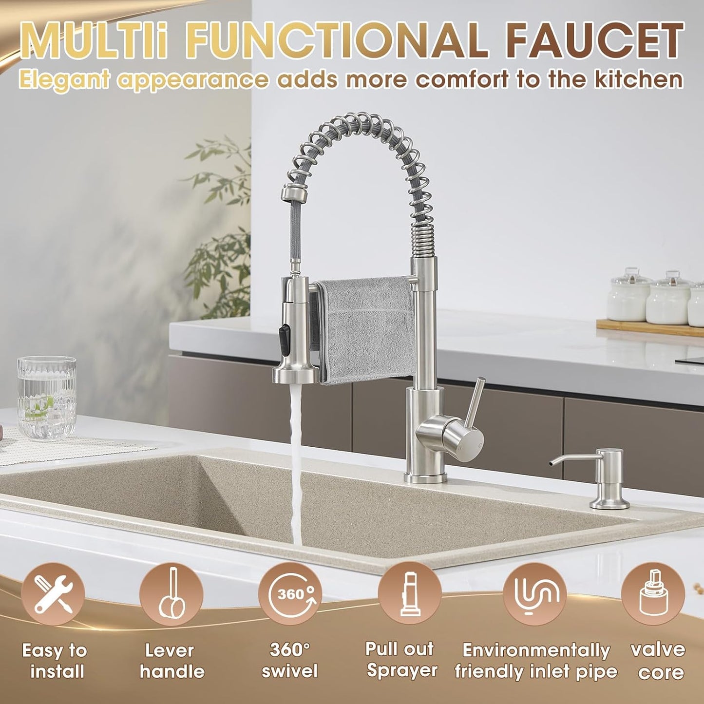 Kitchen Faucet with Sprayer Soap Dispenser Brushed Nickel Stainless Steel Single Handle 1 or 3 Hole Dual Function Spring Commercial Kitchen Faucets for Farmhouse Camper Laundry Rv Bar