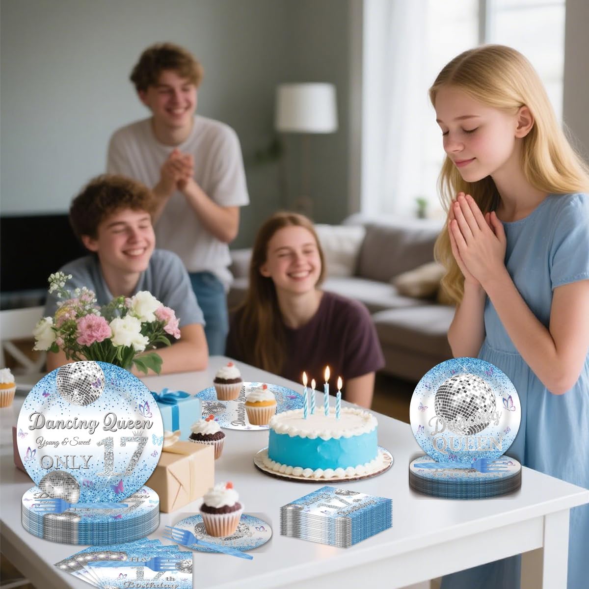 96Pcs Dancing Queen 17th Birthday Disposable Tableware Set - Dancing Queen Happy 17th Birthday Paper Plates Napkins Forks Blue Disco 17 Years Old Party Supplies Serve 24 Guests