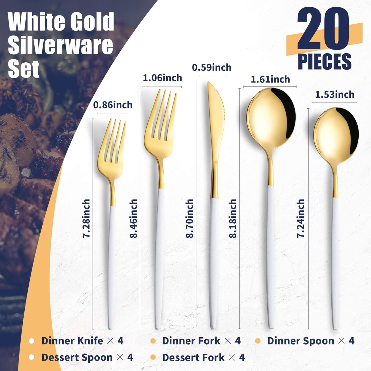 20 Piece White Gold Silverware Set,Stainless Steel Flatware Cutlery Set Service for 4 Including Forks Spoons Knives,Utensil Set,Tableware for Home and Restaurant, Dishwasher Safe
