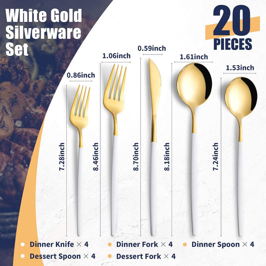 20 Piece White Gold Silverware Set,Stainless Steel Flatware Cutlery Set Service for 4 Including Forks Spoons Knives,Utensil Set,Tableware for Home and Restaurant, Dishwasher Safe