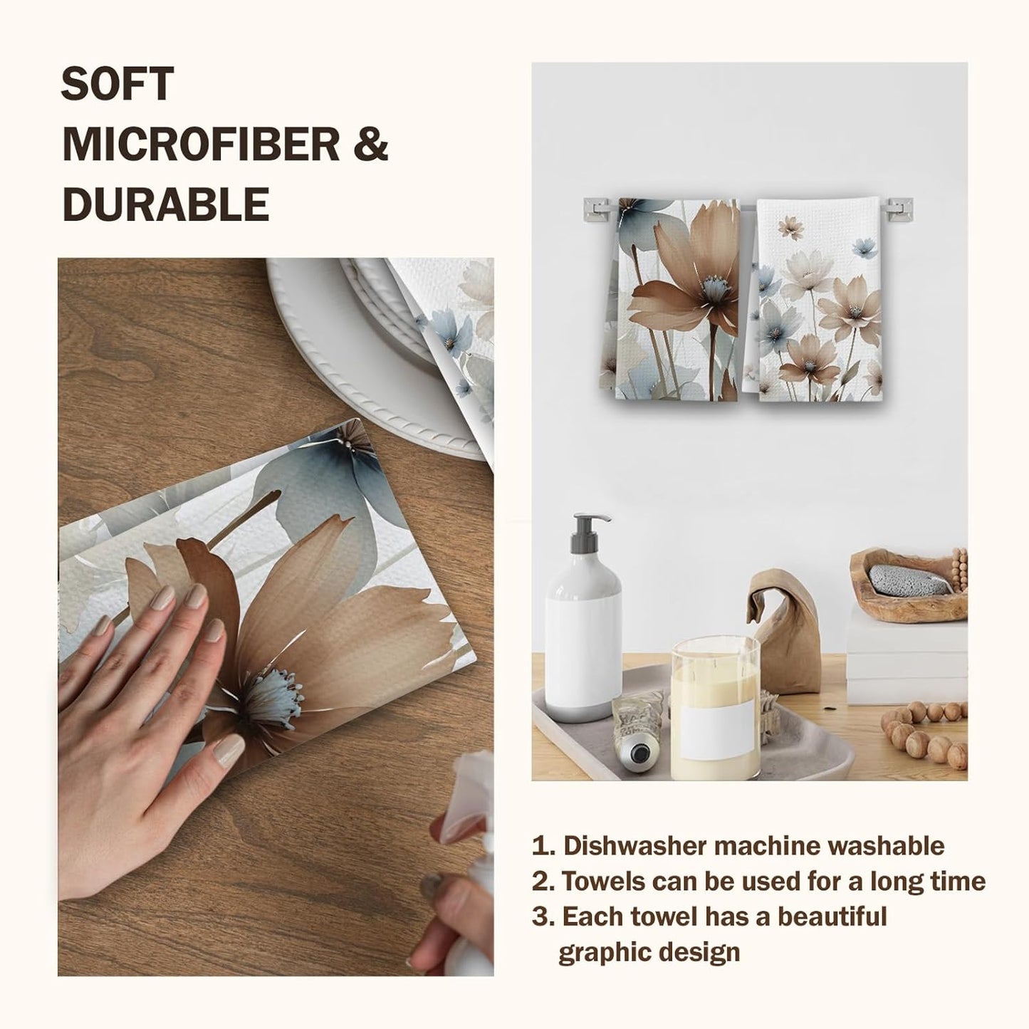 Watercolor Flowers Kitchen Towels, Poppy Floral Leaves House Hand Towel Set of 2, Farmhouse Gifts for Home Bathroom Holiday Decor - A06