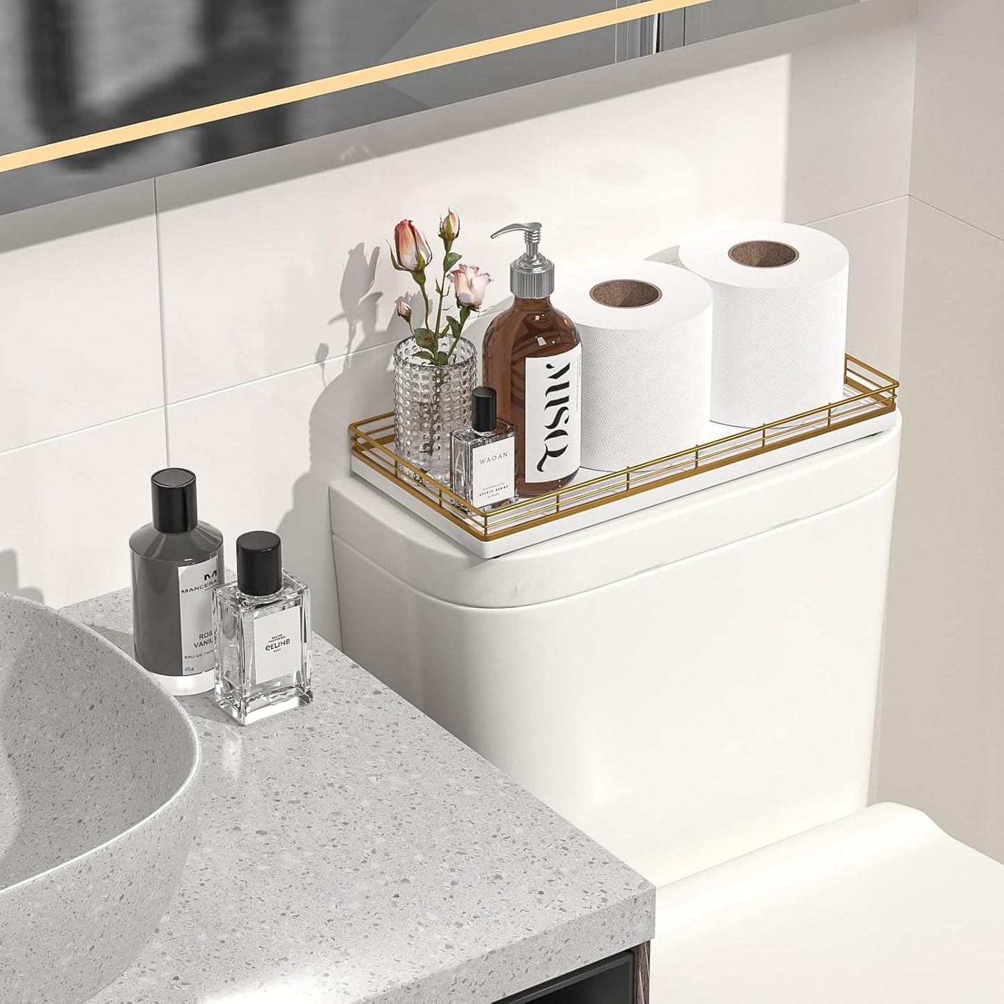 Bathroom Toilet Tank Tray, 13" Wood Toilet Paper Storage Basket Tray Back of Toilet Basket Organizer,Vanity Tray for Perfume Makeup Candle Decor, Gold & White