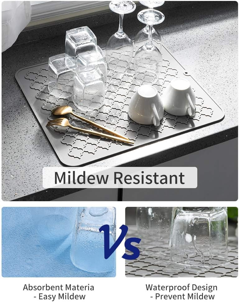 AMOAMI Dish Drying Mat,Heat-resistant,Easy Clean,Silicone Dish Drying Mats for kitchen Counter,Kitchen Gadgets Kitchen Accessories Kitchen Small Appliances (12" x 16", GREY)