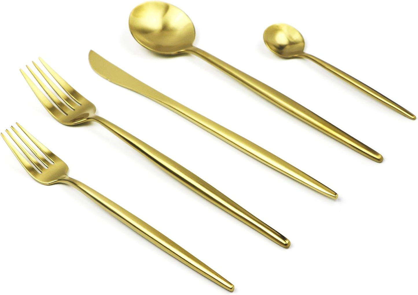 Customized 5-Piece 18/10 Stainless Steel Flatware Set, Serive for 1, With Fork Spoons Knife Teaspoon Dessert Fork for Home Kitchen Restaurant Hotel (Matt Gold)