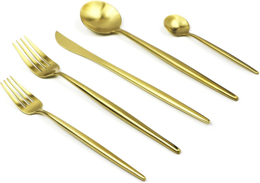 Customized 5-Piece 18/10 Stainless Steel Flatware Set, Serive for 1, With Fork Spoons Knife Teaspoon Dessert Fork for Home Kitchen Restaurant Hotel (Matt Gold)