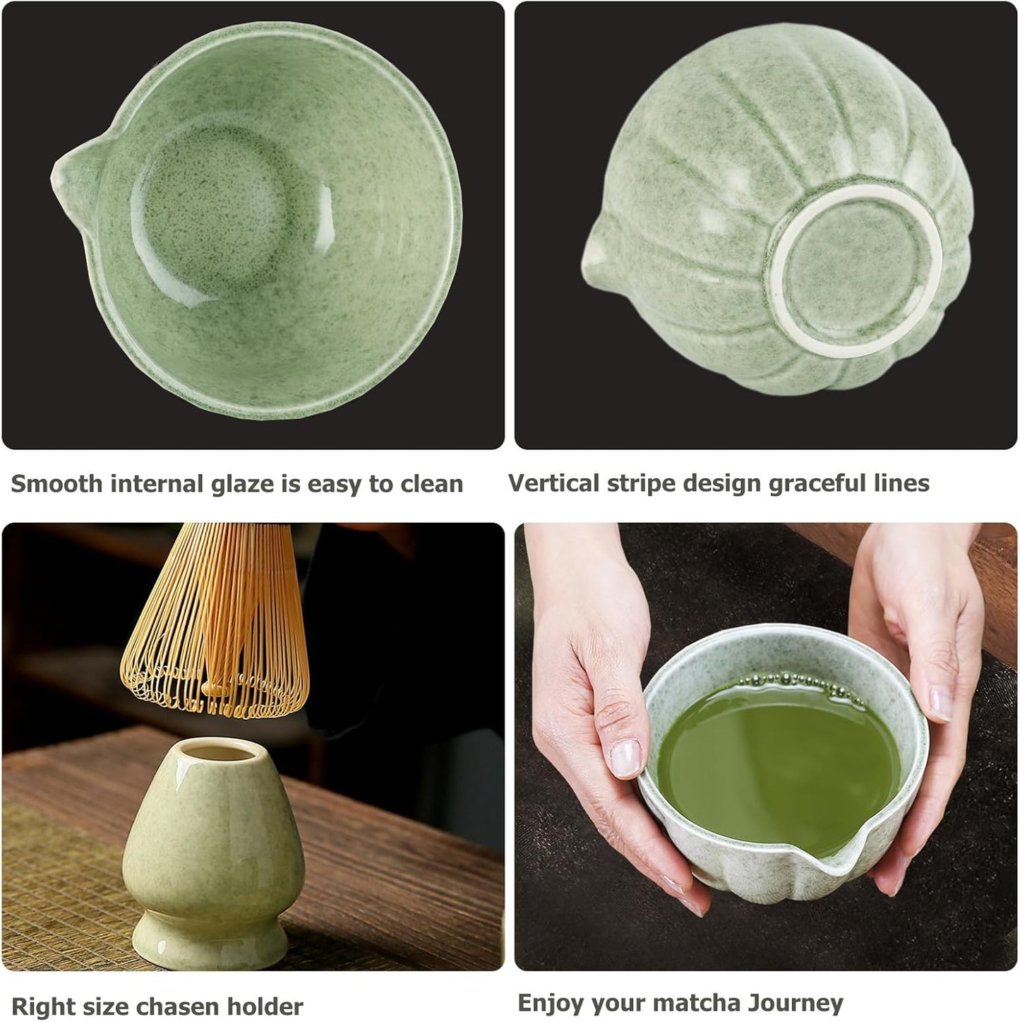 Matcha Whisk Set, 5 Pcs Matcha Set includes Matcha Whisk and Bowl with Spout, Stainless Sifter, Bamboo spoon, Ceramic Holder, 17 oz Mottled Green Glaze Ceramic Matcha Kit for Tea Lovers