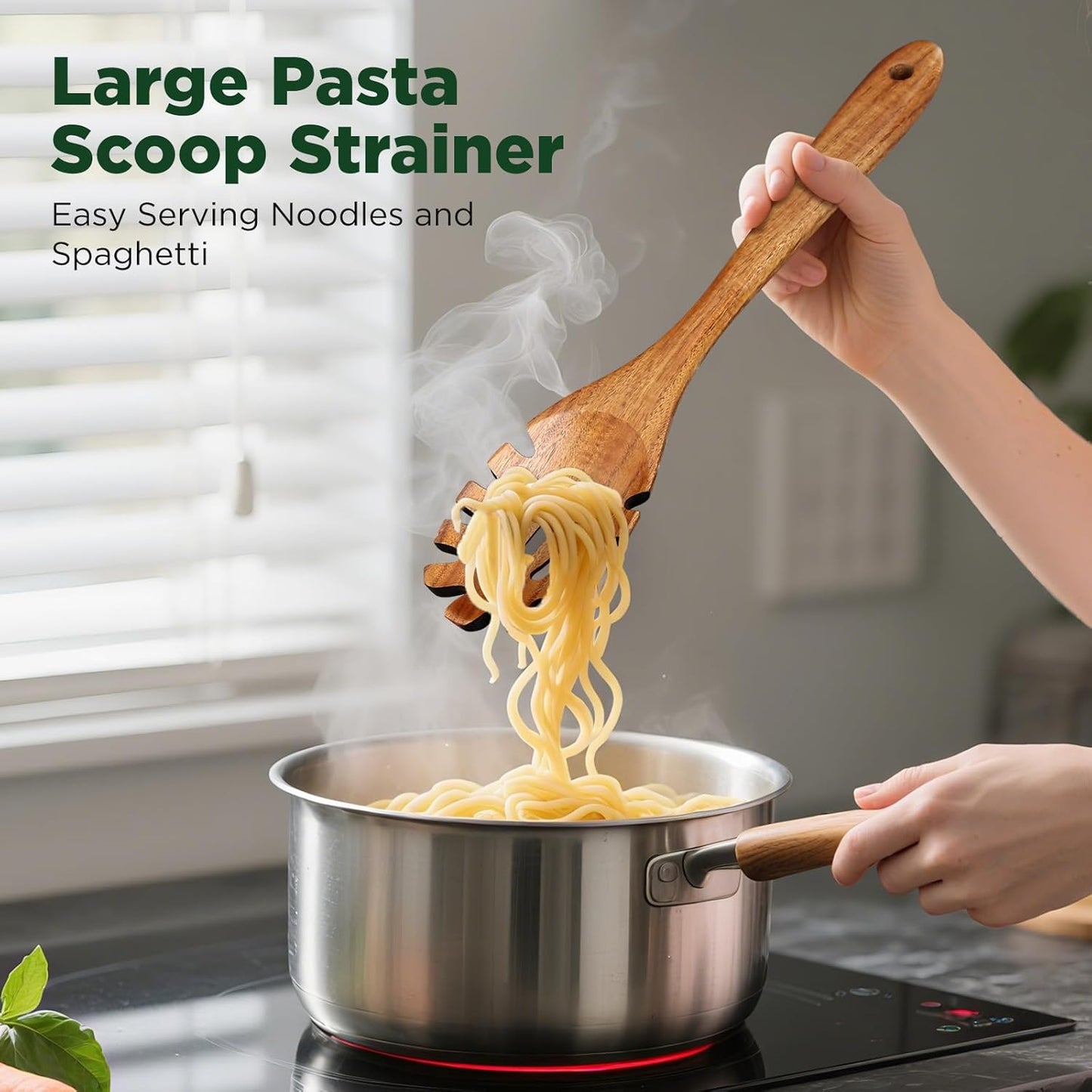 Wooden Spoons for Cooking, Teak Wood Kitchen Utensil Set, Large Soup Ladle and Pasta Slotted Fork Strainer Spoon with Teeth for Cooking Serving Sauce (Ladle and Spaghetti)