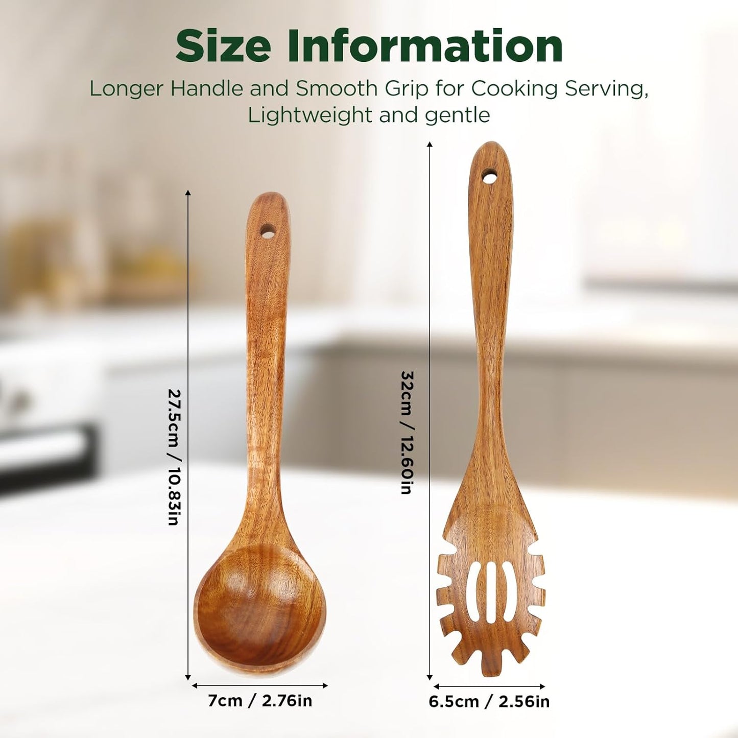 Wooden Spoons for Cooking, Teak Wood Kitchen Utensil Set, Large Soup Ladle and Pasta Slotted Fork Strainer Spoon with Teeth for Cooking Serving Sauce (Ladle and Spaghetti)