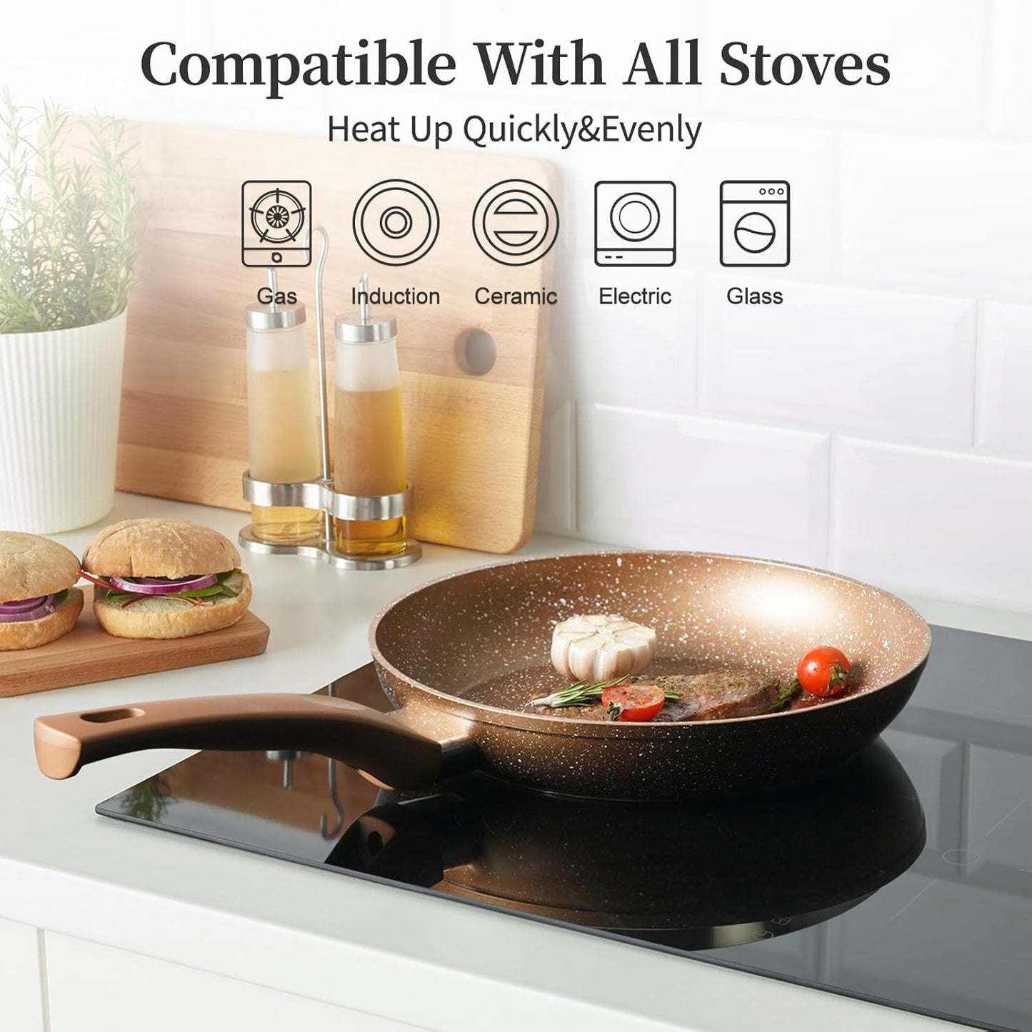 Innwewell Non Stick Frying Pan - Granite Stone Non Stick Skillet Frying Pans, Safe&No Toxic Egg Omelette Frying Pan, Small Nonstick Cookware Cooking Pan, Induction Compatible, PFOA Free(8inch, Gold)