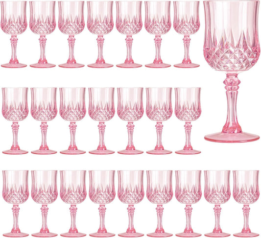 7OZ Plastic Wine Glasses, 24Pcs Pink Reusable Drinking Cups Vintage Champagne Flutes, Plastic Crystal Water Goblets for Parties Stemmed Shatterproof Drinking Glasses for Wedding, Toasting Party