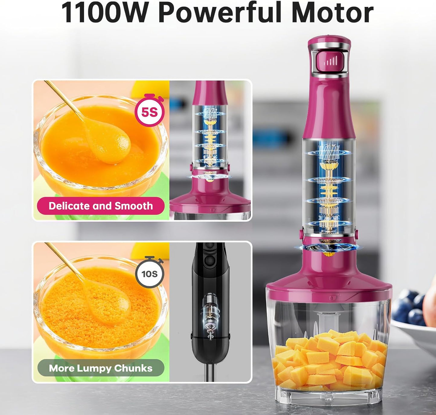 Immersion Blender Handheld Corded Hand Blenders Set 1100W, Trigger Variable Speed 5 in 1 Stick Emulsifier with Chopper, Whisk and Frother for Soup, Baby Food and Smoothies, Rose Red