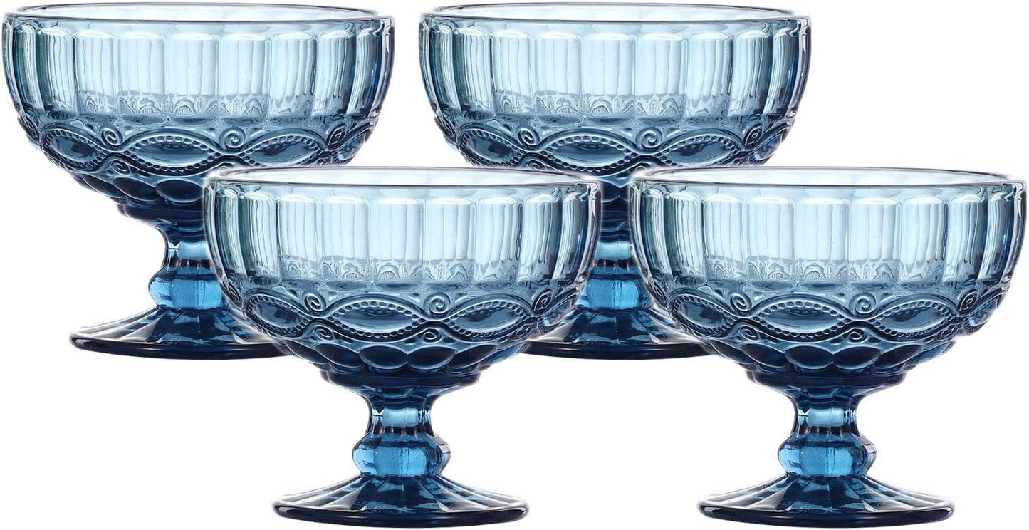 VanEnjoy Deep-blue Vintage Pressed Pattern Glass Ice Cream Cups/Dessert Bowls - Set of 4,12 Oz