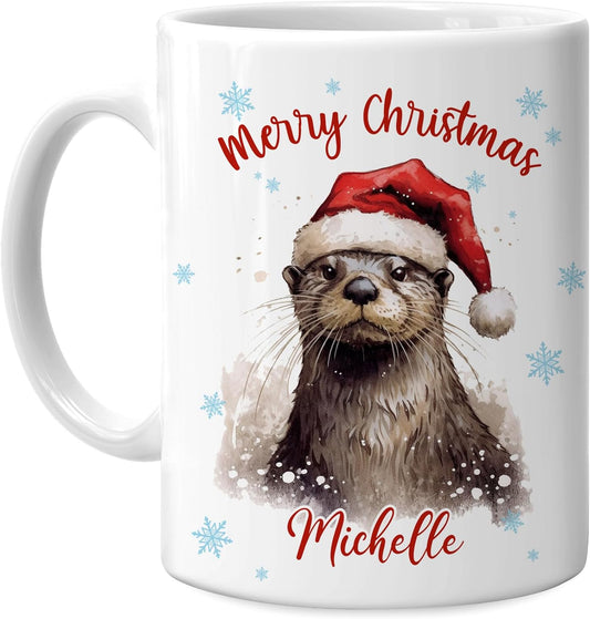Hyturtle Personalized Gifts Otter Lover - Otter Wearing Santa Hat Custom Name Ceramic Coffee Mug Cup 11oz - Cute Animal Lovers Gifts For Women, Girl kids Family On Birthday, Christmas