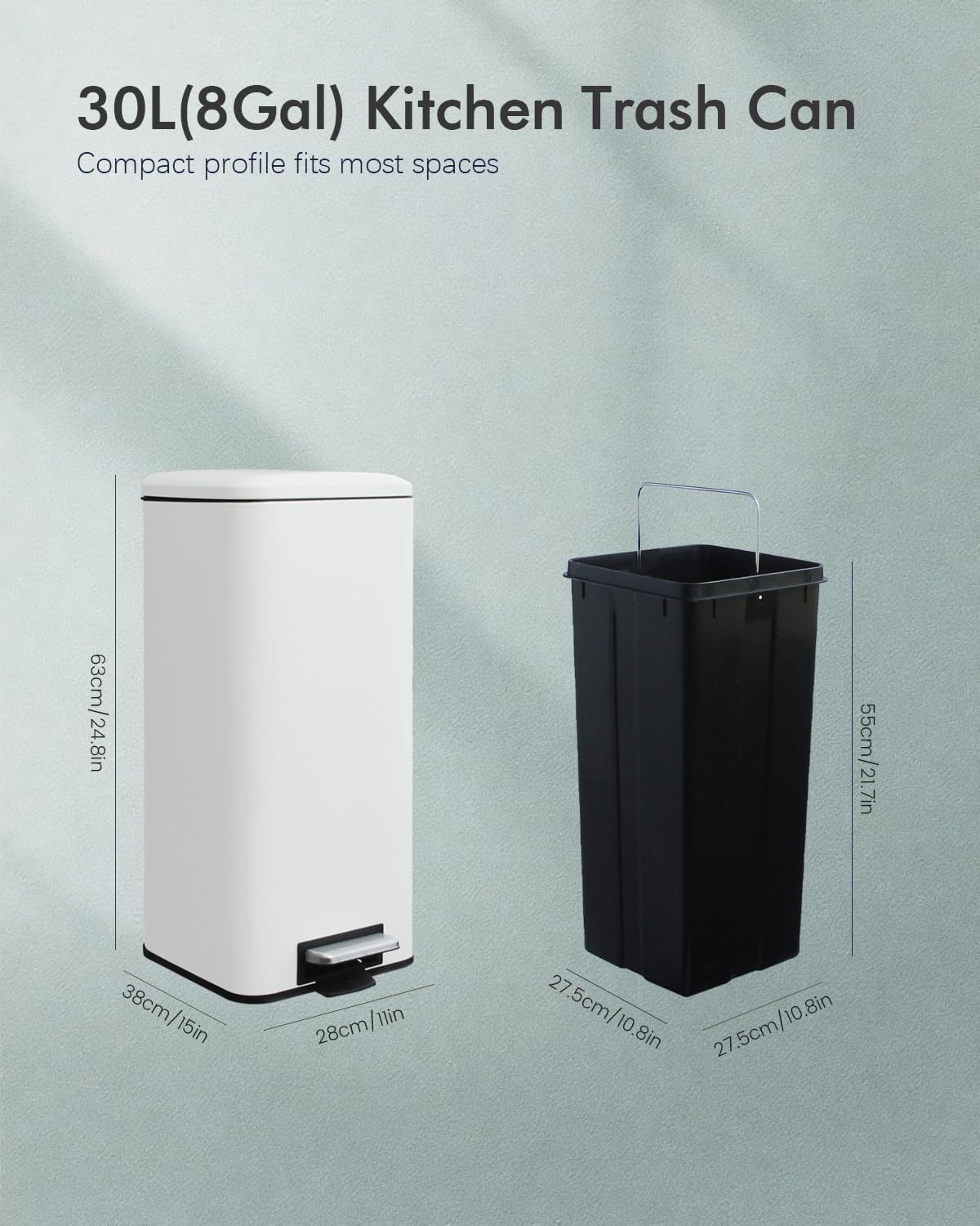 8 Gallon Square Trash Can with Lid, White Kitchen Trash Can with Soft Close, InnerBucket & Steel Pedal, Stainless Steel Garbage Can for Kitchen, Laundry Room, Office, Bathroom, Dorm