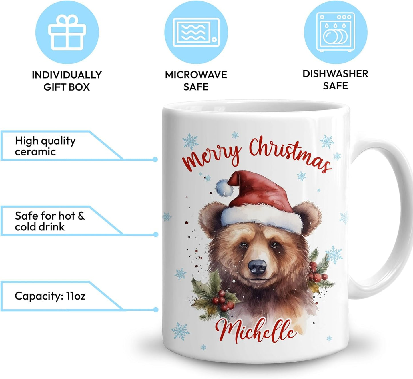Hyturtle Personalized Gifts Bear Lover - Bear Wearing Santa Hat Custom Name Ceramic Coffee Mug Cup 11oz - Cute Animal Lovers Gifts For Women, Girl kids Family On Birthday, Christmas