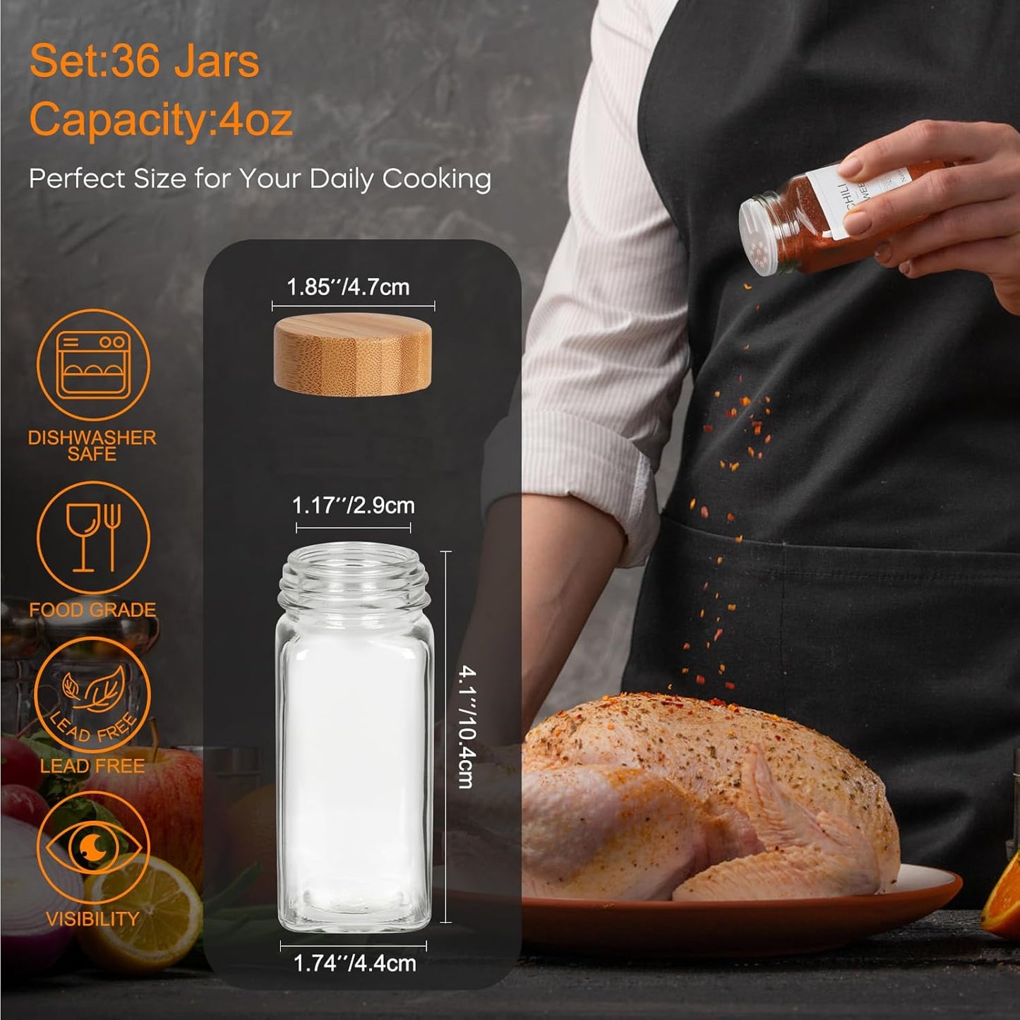 SZUAH 4oz Glass Spice Jars with Labels 36 Pack,Empty Seasoning Jars, Glass Jar with Bamboo Lids for Cabinet, Drawer, Rack, Seasoning Organizer & Pantry Organization (120ml, Set of 36)