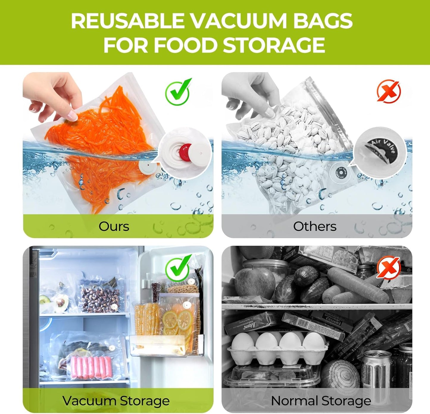 Reusable Vacuum Sealer Bags for Food with Air Valve, 50 Pack BPA‑Free Food Saver Bags Dishwasher‑Safe, Freezer,Microwave, Odor-Resistant, Leak‑proof for Leftovers, Meal Prep, Sous Vide, BBQ