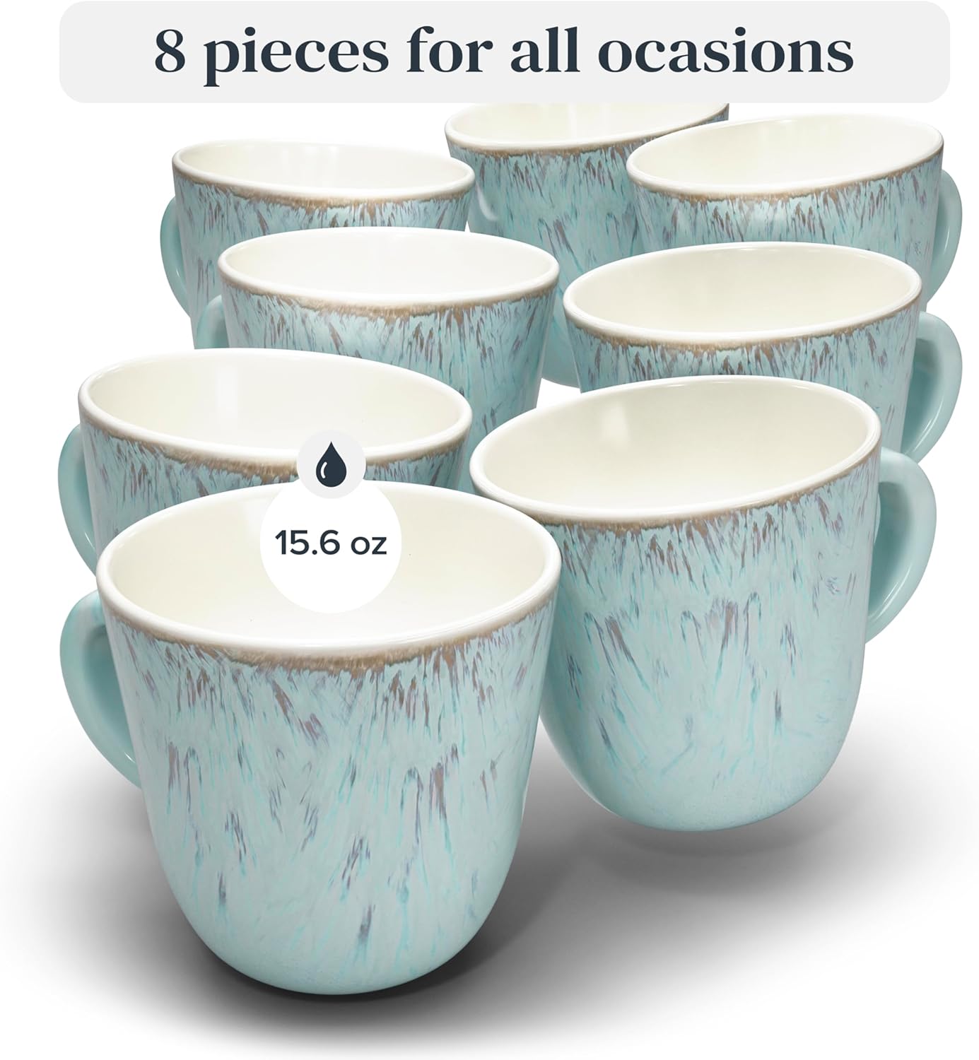 Stoneware Coffee Mugs Set of 8 – 14.5 oz Beige-Blue Ceramic Cups – Dishwasher & Microwave Safe Drinkware – Modern Stylish Design