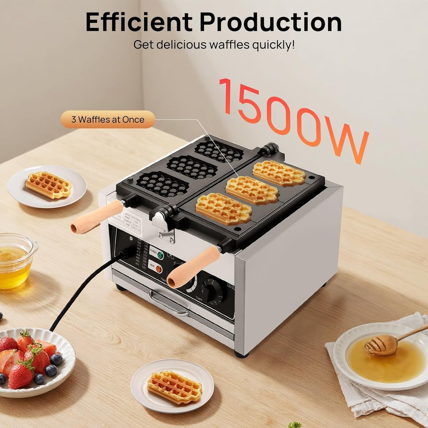 3 Grids Flip Waffle Maker 1500w Electric Waffle Iron with Non-Stick Coating 50-300°C Adjustable Temperature Waffles Machine with Thermostat & Timer Control Knobs