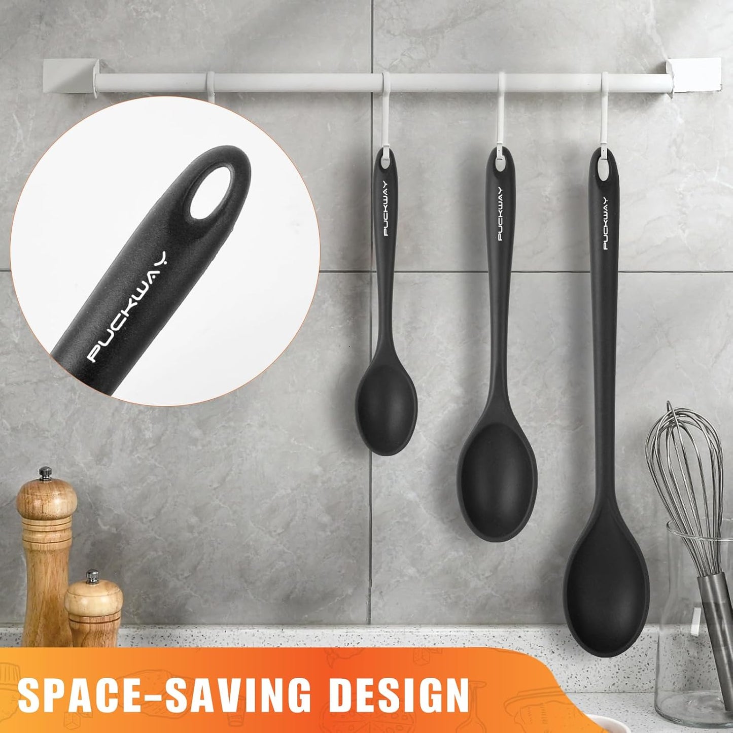 3 Pcs Silicone Spoons Set of 7.9 10.6 14.2 inch for Cooking, Heat Resistant Kitchen Spoons for Mixing, Stirring, and Serving, Small to Large Non Stick (Black)