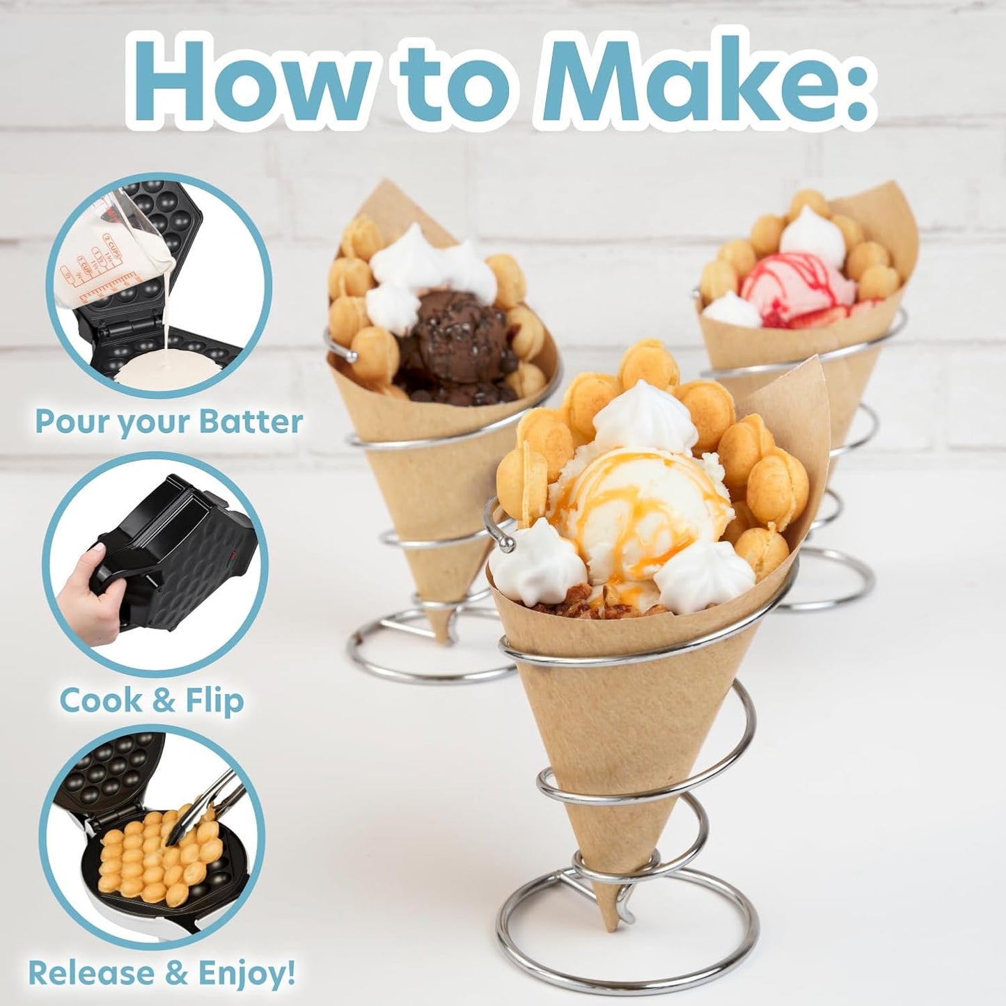 Bubble Waffle Maker- Electric Non stick Hong Kong Egg Waffler Iron Griddle w/Ready Indicator Light- Ready in under 5 Mins- Recipe Guide Included, Make Delicious Ice Cream Cones for Xmas Gift or Treat