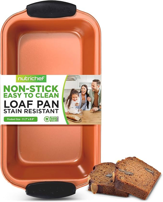 NutriChef Jovial Non Stick Loaf Baking Pan,Deluxe Copper Carbon Steel Pan with Blue Silicone Handles,Quality Metal Bakeware For Cooking&Baking Cake Loaf,Muffins&More,Compatible with Model NCSBS54S