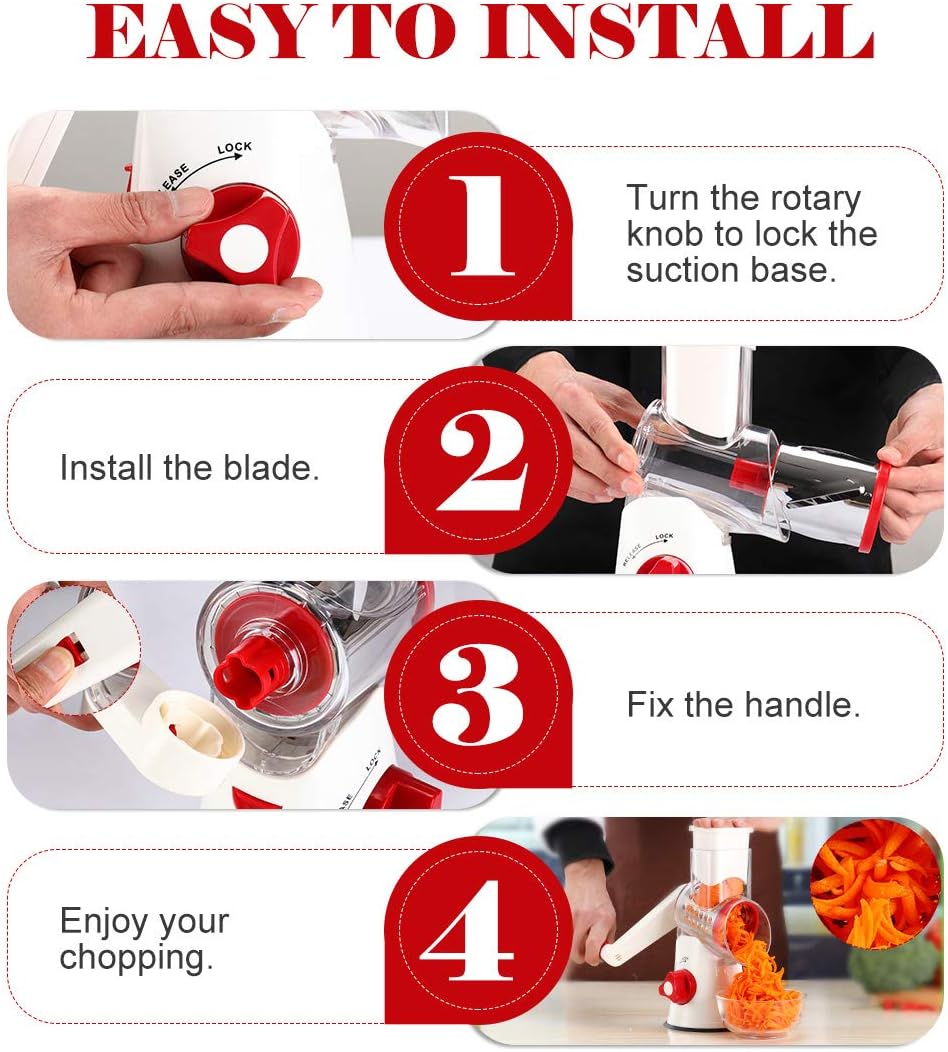 Ourokhome Rotary Cheese Grater Hand Crank, Kitchen Shredder Speed Mandolin Slicer Nuts Grinder with Handle and Drum Blades for Cheese, Vegetable, Chocolate, Potato, Carrot, 3 Blades, White Red