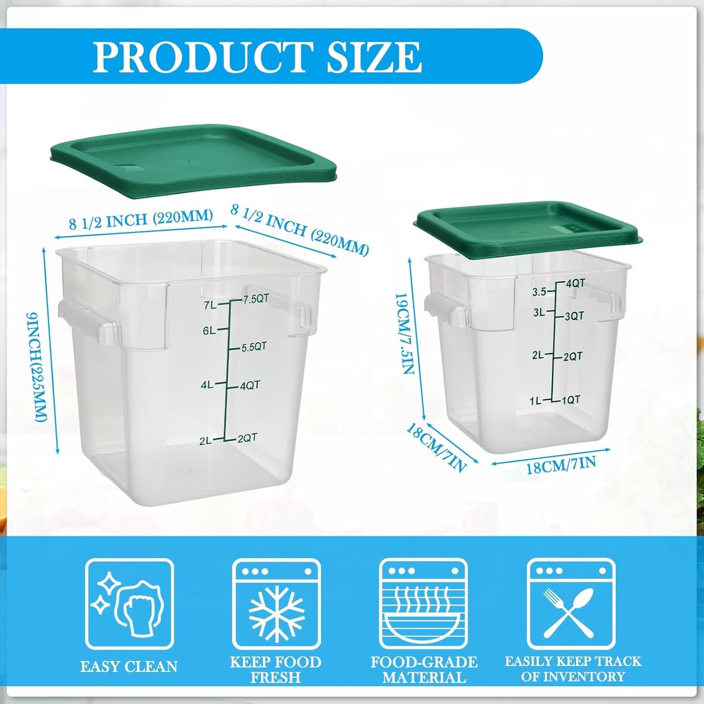 Lallisa 4 Pcs 8 Qt and 4 Qt Clear Food Storage Containers with Lids, Handles and Scales, Commercial Grade Square Containers Polycarbonate Air Tight for Home Storage Kitchen Restaurant(Green)
