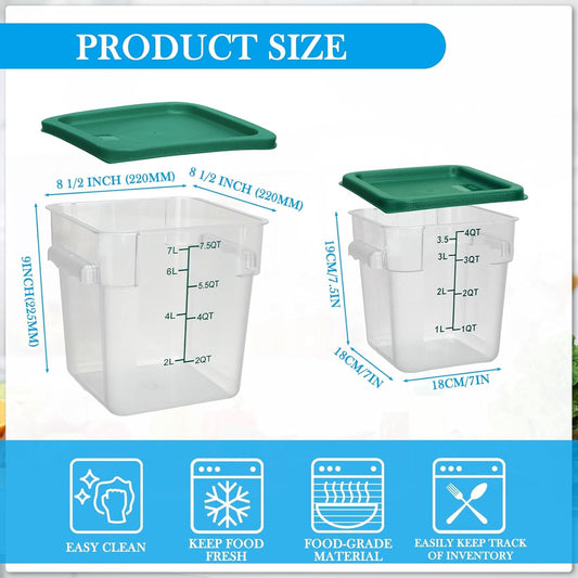 Lallisa 4 Pcs 8 Qt and 4 Qt Clear Food Storage Containers with Lids, Handles and Scales, Commercial Grade Square Containers Polycarbonate Air Tight for Home Storage Kitchen Restaurant(Green)