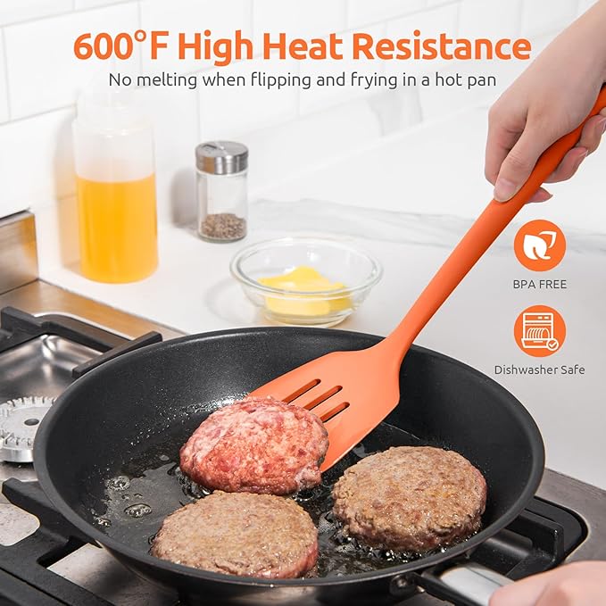 600ºF Heat Resistant Slotted Turner: U-Taste 13.6in Silicone Kitchen Spatula Flipper, 3.74in Wide Food Grade Flexible Thin Rubber Cooking Utensil for Egg, Pancake, Cookie in Nonstick Cookware (Orange)