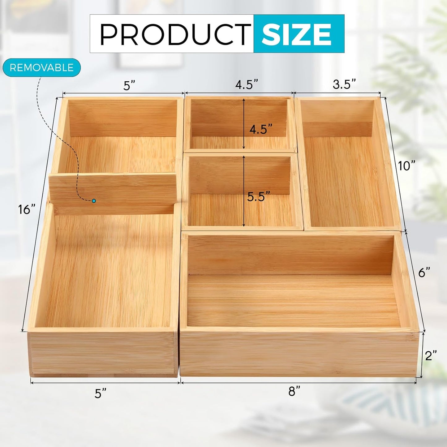 Fabsome Bathroom Drawer Organizer, Bamboo Box Bin for Junk Vanity Desk Makeup Drawer, Small Wooden Container Tea Storage Organization Tray for Kitchen Office, Set of 5