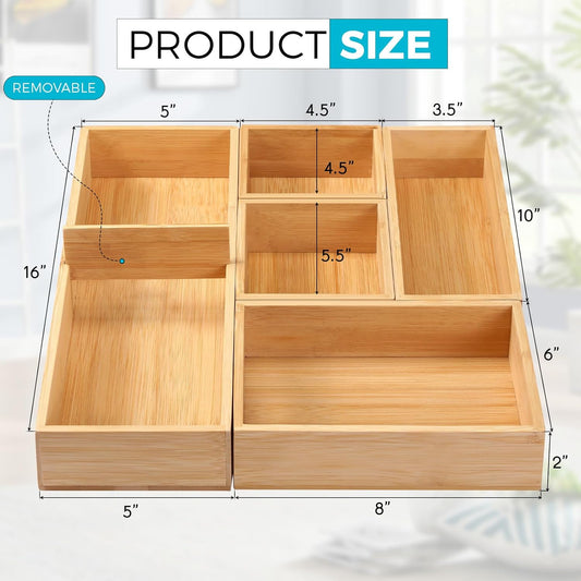 Fabsome Bathroom Drawer Organizer, Bamboo Box Bin for Junk Vanity Desk Makeup Drawer, Small Wooden Container Tea Storage Organization Tray for Kitchen Office, Set of 5