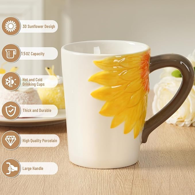 Ceramic Coffee Mug Set of 2-Sunflower Coffee Cups Sets Include 15 oz Large Coffee Mug,9 oz Wide Cappuccino Cup with a Saucer,3D Novelty Coffee Cups for Tea,Latte,Hot Cocoa,Milk,Unique Gifts for Women