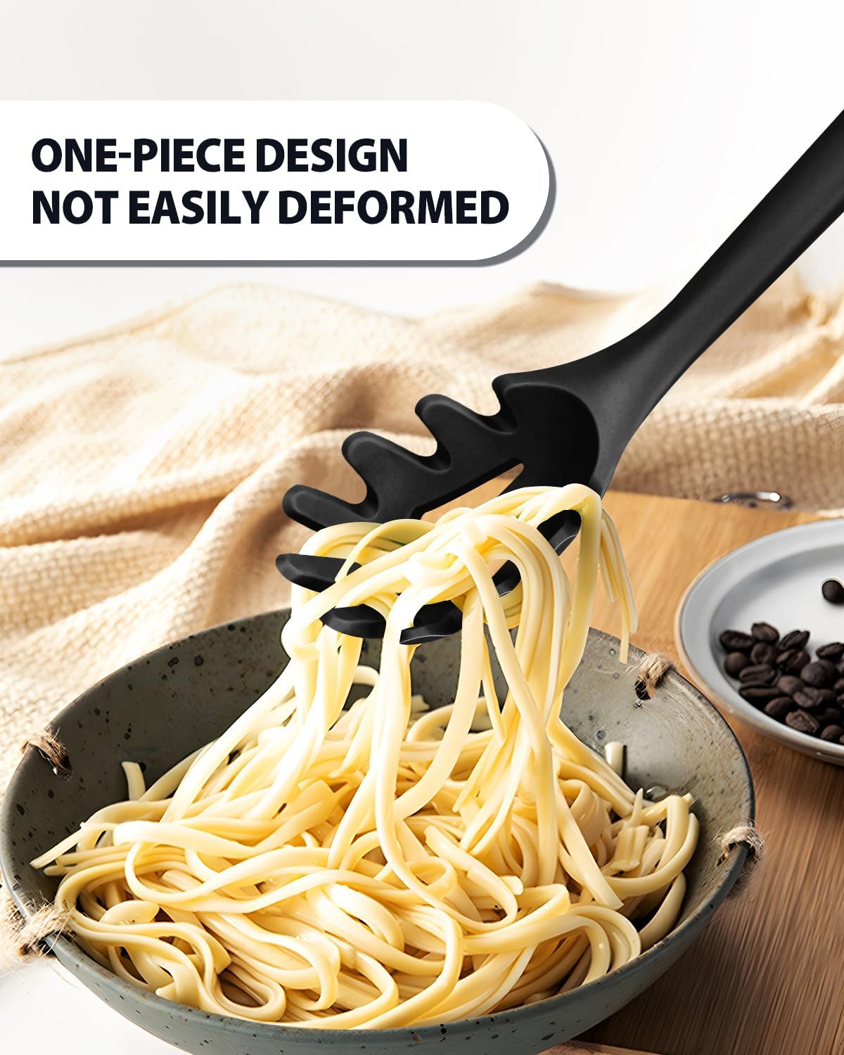 Silicone Pasta Fork and Ladle Spoon Set, Large Non Stick Kitchen Utensils for Cooking,Stirring,One Piece Serving Spaghetti, Soup, Sauce (BLACK)