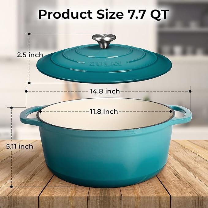 Zulay Kitchen 7.7 Quart Enameled Cast Iron Dutch Oven Pot with Lid – Premium Durability & Oven Safe up to 500°F – Heavy Duty Cookware Perfect for Bread Baking, Stews, Braising & Roasting – Light Blue
