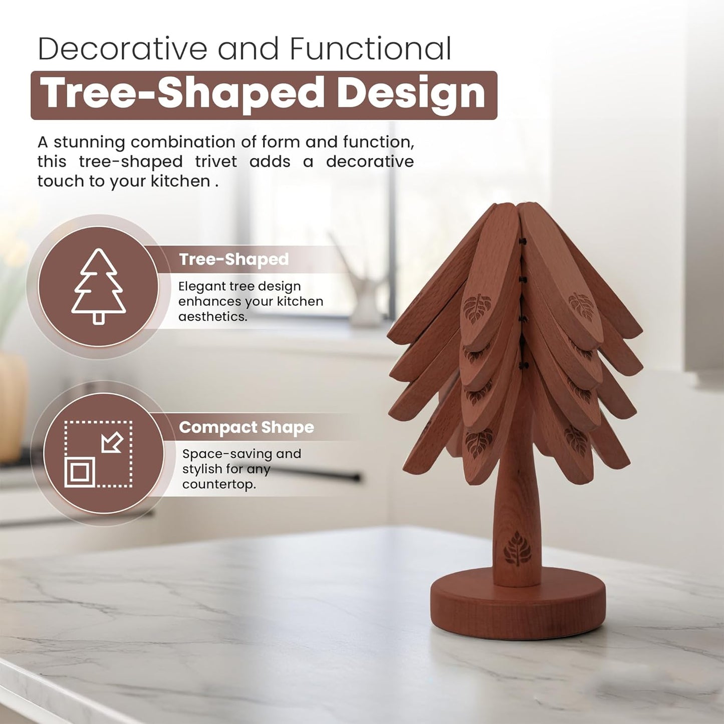 Expandable Wooden Trivets & Coaster Set for Hot Dishes Tree-Shaped Trivet Set – 4 Expanding Trivets + 1 Stand – Heat-Resistant Kitchen Decor for Pots, Bowls, Coffee & Teapots