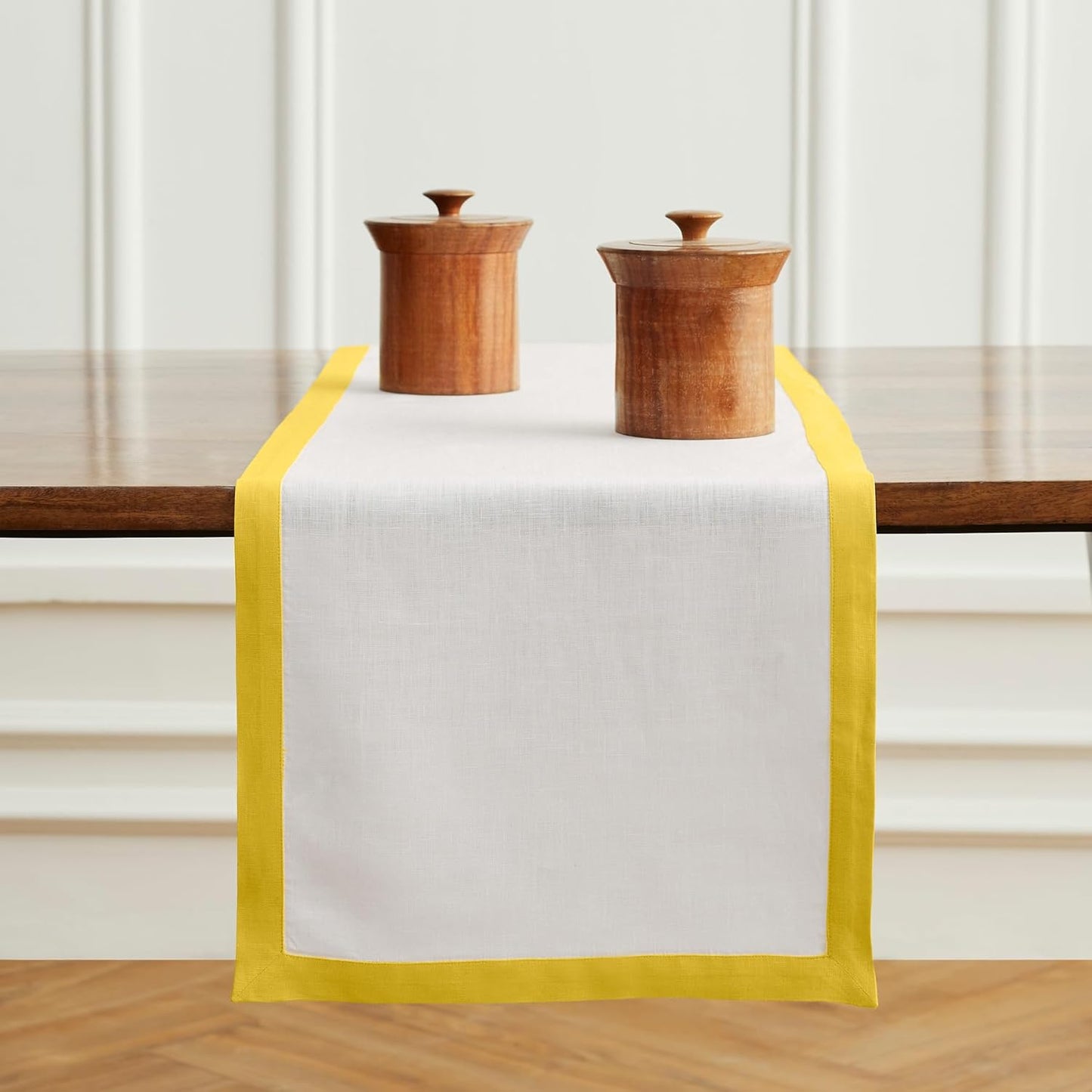 Solino Home Linen Table Runner 36 Inches - 100% Pure Linen Sunshine Yellow and White Small Table Runner 14 x 36 Inch Ideal for Dresser and Coffee Tables - Classic