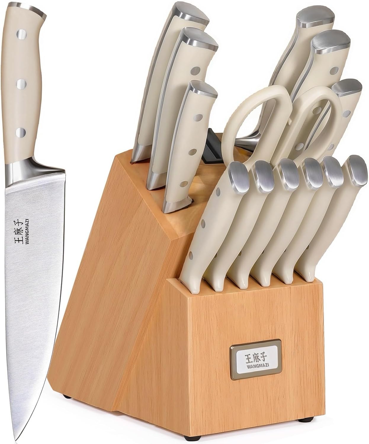 Newly Updated Premium Chef Knife Set High Carbon Stainless Steel Sharp Blade Ergonomic Rivets Handle Knife Block Set Hundreds of Years of Masterful Craftmanship(Ivory,15PCS)