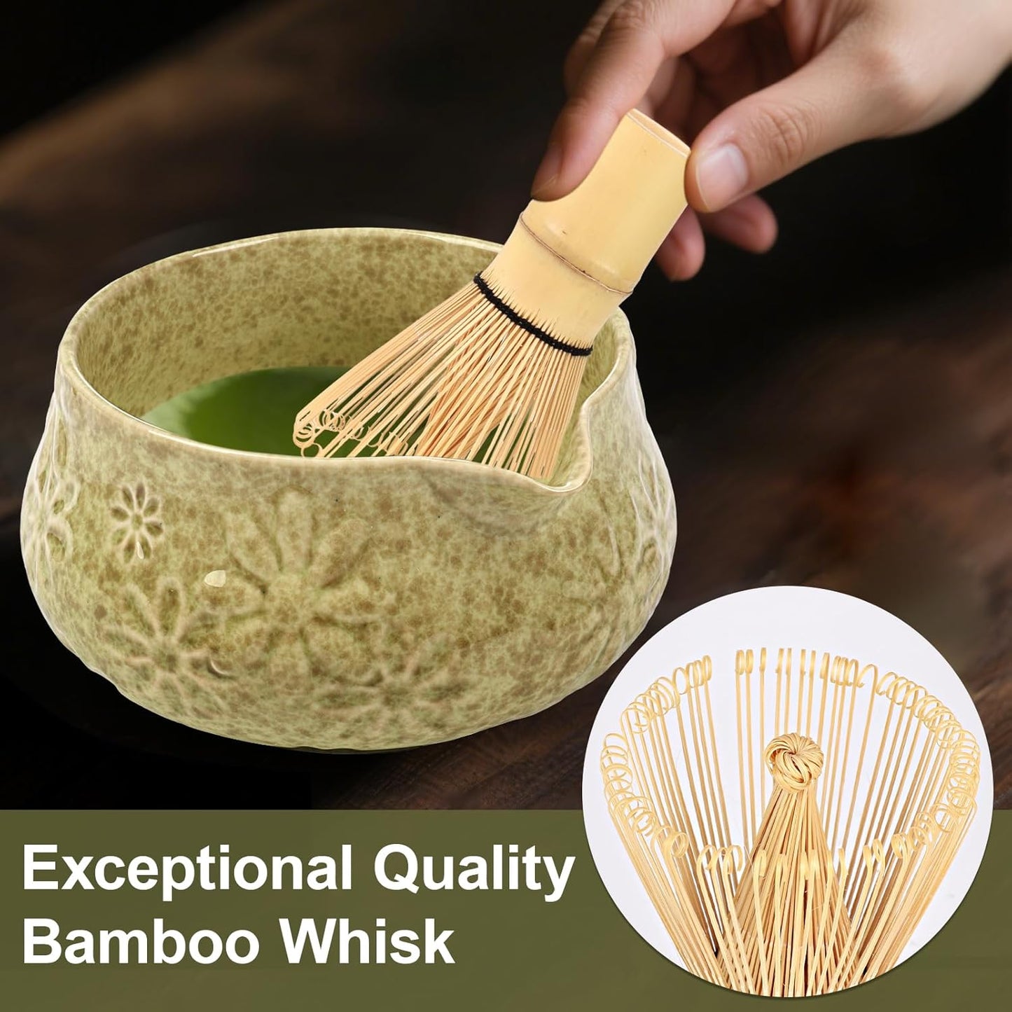 Matcha Whisk Set, 7 Pcs Matcha Kit Includes Matcha Bowl, Whisk and Holder, Bamboo Scoop, Scoop Rest, Sifter and Tea Towel, Gift for Matcha Lover (Mottled Green)
