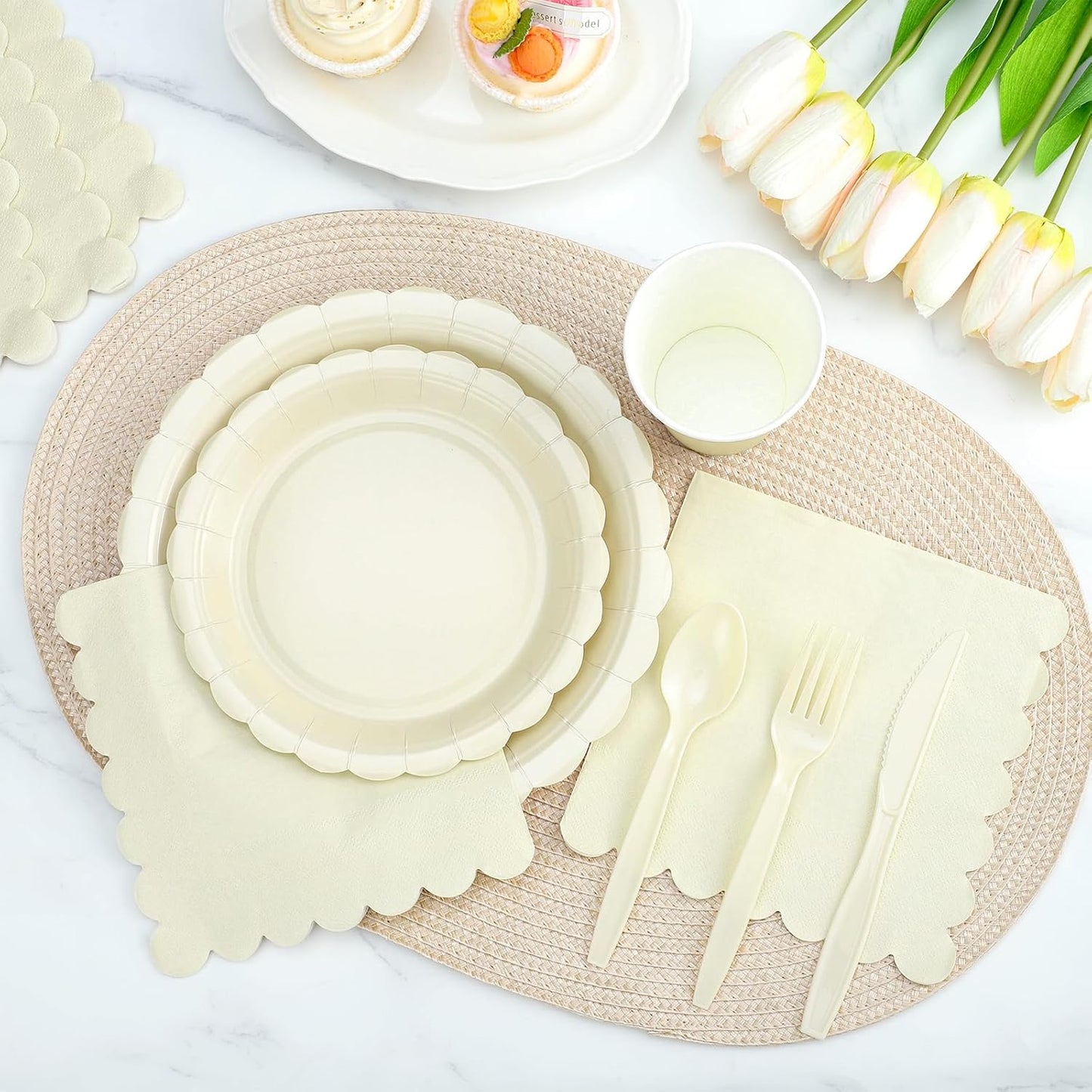 175 Pcs Ivory Plates and Napkins, Beige Party Supplies Include Scalloped Cream Paper Plates Napkins Cups Thanksgiving Plate Set for Birthday, Wedding, Bridal&Baby Shower